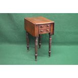 Victorian mahogany work table having two drop flaps and two small drawers supported on turned legs