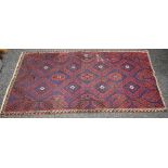 Blue ground rug having red and peach pattern - 2.1m x 1.13m Please note descriptions are not