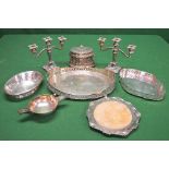 Quantity of silver plate to comprise pair of three sconce candelabra's, oval biscuit barrel, two