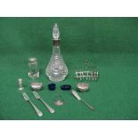 Cut glass decanter having silver collar, marked for London together with a glass sugar shaker with