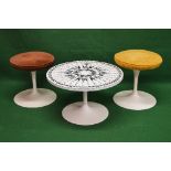 Mid century circular coffee table having white formica top decorated with a black compass design -