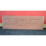 Red sandstone panel having carved foliate decoration - 57.5" x 18.75" Please note descriptions are