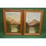 Pair of E Wand (?) oil on boards of Highland Cattle drinking from waterways beneath mountains,