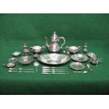 Collection of silver plated items to include: three piece teaset, tea strainer and bowl, Christening