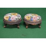 Pair of Victorian circular foot stools having embroidered overstuffed tops supported on a carved