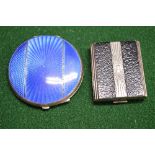 Circular silver and blue enamel ladies compact, marked for Birmingham - 2.75" wide together with a