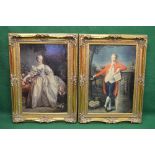 Pair of late 20th century portrait prints on canvases of a lady and gentleman in outdoor settings