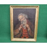 Unsigned oil on canvas portrait of an elderly bearded gentleman smoking a pipe wearing a brown