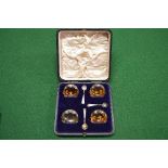 Cased set of four silver salts having reeded sides with crimped and three salt spoons, marked for