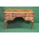 Walnut writing desk having cross banded top over central drawer flanked by two short drawers with