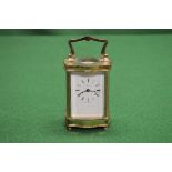 J Horton & Son, London, brass cased carriage clock having white dial with black Roman Numerals and