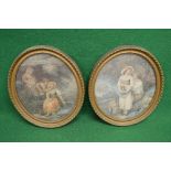 Pair of oval coloured engravings portraits of figures beneath trees - in glazed gilt frames 9.5" x