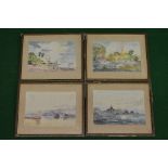 M Thein, group of four watercolours of shorelines and rivers with buildings and fishing boats,