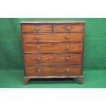 19th century mahogany chest of four long and two short drawers with brass handles, standing on