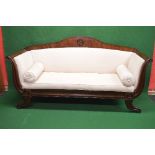 19th century mahogany scrolled arm settee having padded arms and back with removable padded seat and