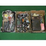 Three boxes of mixed car parts etc to include: wipers, lamps, gauges, cased tester, Lucas glass