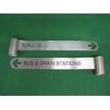 Two heavy stainless steel double sided finger post signs to comprise: Bus & Train Stations and