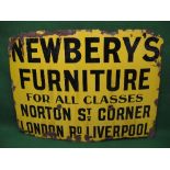Enamel sign for Newbery's Furniture For All Classes, Norton St Corner, London Road, Liverpool. Black