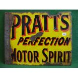 Double sided enamel sign for Pratts Perfection Motor Spirit, red shaded black letters on a yellow