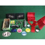 Mixed lot to include: rear view mirror clock, Pyrene extinguisher, goggles, GB plate, boxed set of