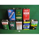 Eight different one gallon or five litre metal cans to include: Celserv, Energol, Vitesse, Esso,
