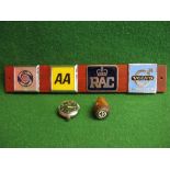Four car badges for AA, RAC, Volvo Owners Club and Club Triumph, a wooden gear knob and a 1960's