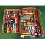 Two boxes of approx seventy die cast Corgi, cars, fire engines, lorries, Land Rovers etc, all