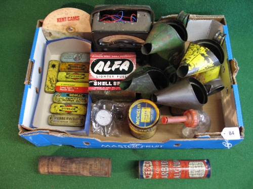 Mixed box of oil pourers, puncture repair tins, carbide containers, Shell lighter fuel tin, - Image 2 of 3