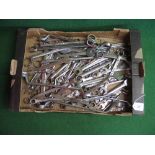 Box of approx sixty assorted ring and open ended spanners Made In England, Spain, Germany, India,