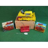 Three plastic battery operated crawlers to comprise: Power bulldozer and farm crawler tractor,