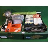 Two boxes of assorted vehicle lights, wipers, rims etc together with a spot lamp badge bar Please