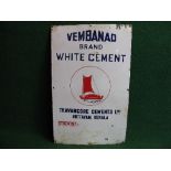 Indian enamel sign for Vembanad Brand White Cement, blue and red letters on a white ground featuring