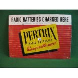 Aluminium sign for Pertrix Radio Batteries Always Worth More!, black and red letters on a yellow,