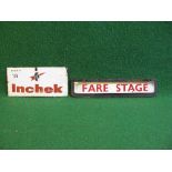Small enamel sign By Courtesy Inchek featring a tyre. Red and black letters on a white ground - 8.5"