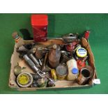 Box of assorted oil cans, tins, grease cans and guns, pourers etc Please note descriptions are not