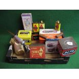 Box of assorted lighter fuel tins, metal and plastic Shell upper cylinder lubricant shot gun, KLG