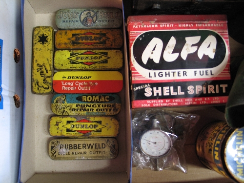 Mixed box of oil pourers, puncture repair tins, carbide containers, Shell lighter fuel tin, - Image 3 of 3