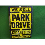 Blue and yellow enamel sign We Sell Park Drive Cigarettes and Copper's Buy Em' - 19.75" x 29.75"