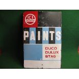 Enamel sign for ICI Paints - Duco, Dulux, Stag, featuring ICI logo and block coloured panels in red,