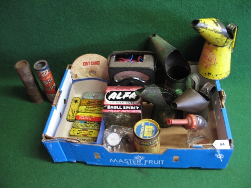 Mixed box of oil pourers, puncture repair tins, carbide containers, Shell lighter fuel tin,