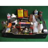 Box of assorted automotive product tins, plastic and glass bottles together with some grease guns