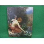 Unsigned oil on canvas of semi nude lady gathering flowers on a waters edge, unframed - 14" x 18"