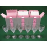 Set of six Stuart Crystal Shaftesbury pattern wine goblets retaining sticker and original boxes with