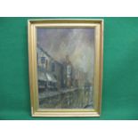 SJ Iredale, oil on canvas of street scene on stormy day, in unglazed gilt frame - 15.5" x 22.5"