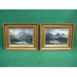 Pair of unsigned oils on canvas of fishing boats with mountains in the distance, in glazed gilt