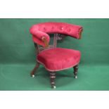 19th century open tub office/desk chair having button padded back over padded seat and standing on