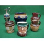 Group of Royal Doulton pottery to include: blue glazed jardinière, blue/green glazed jug, two