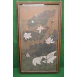 Screen print and painting of storks in water beneath flowers and leaves, in glazed gilt frame - 35.