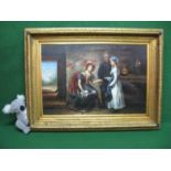 Late 20th century unsigned oil on canvas of figures in an indoor setting, in unglazed gilt frame -