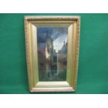 Unsigned oil on canvas of street scene with figures, in glazed gilt frame - 10.25" x 19.5" Please